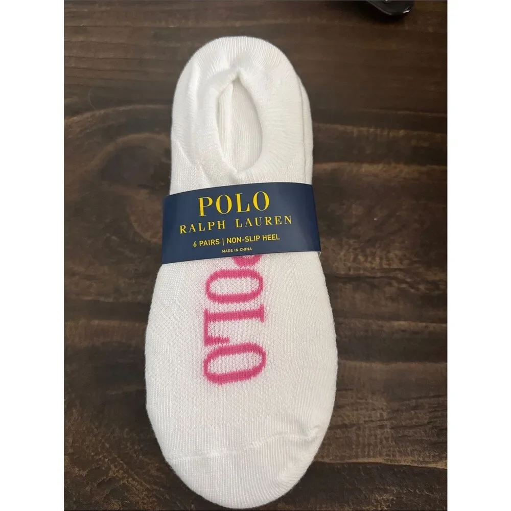 Polo by Ralph Lauren White No-Show Socks with Pink Logo - 6 Pack